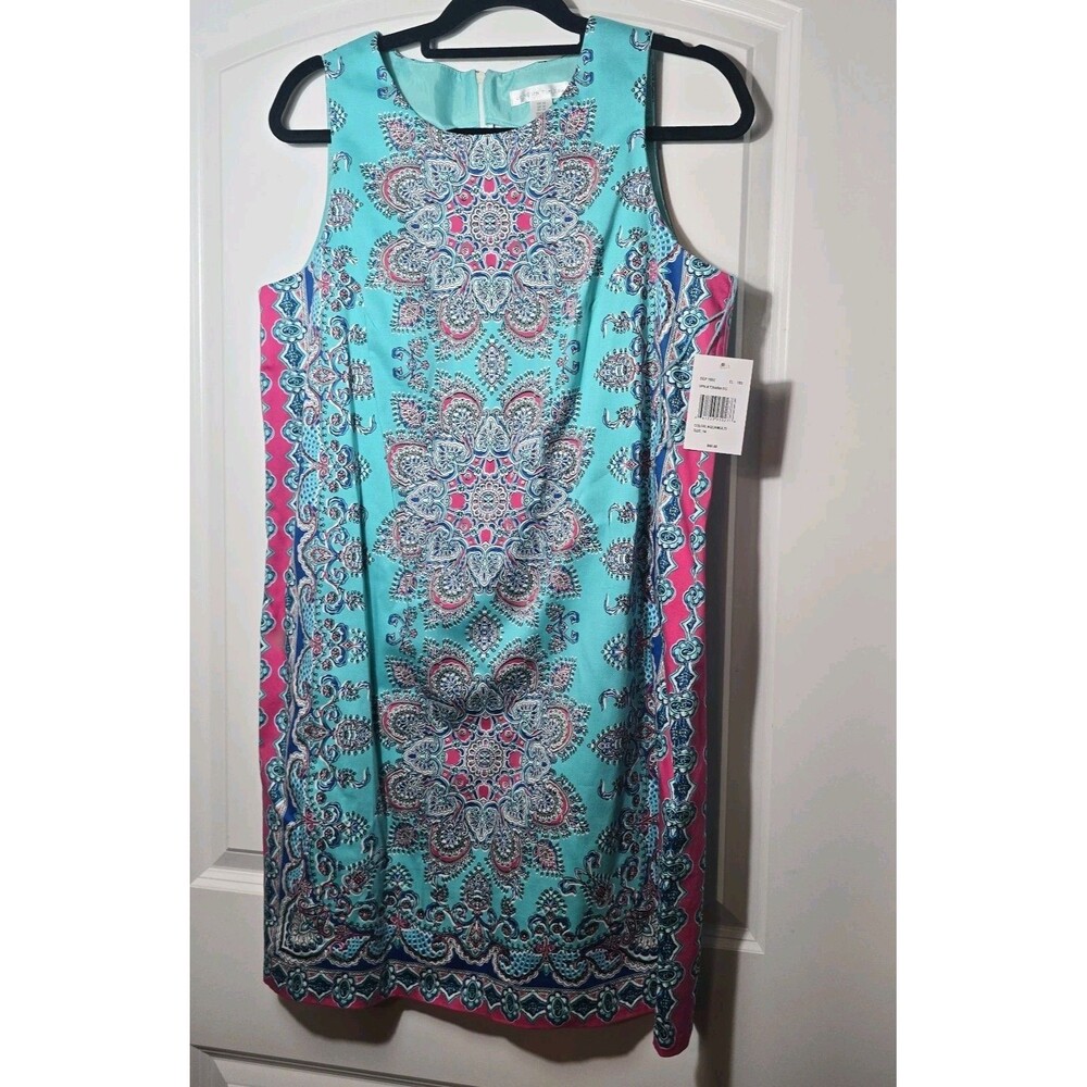 London Times Teal Pink Geometric Sleeveless Back Zip Sheath Dress Womens Size 14